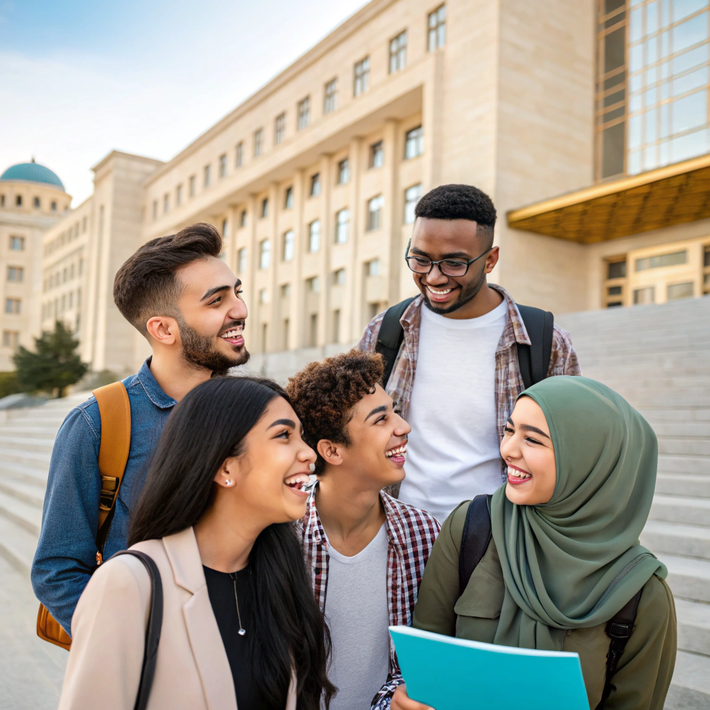 طلاب سعداء أمام جامعة في أذربيجان - السكن الجامعي في اذربيجان