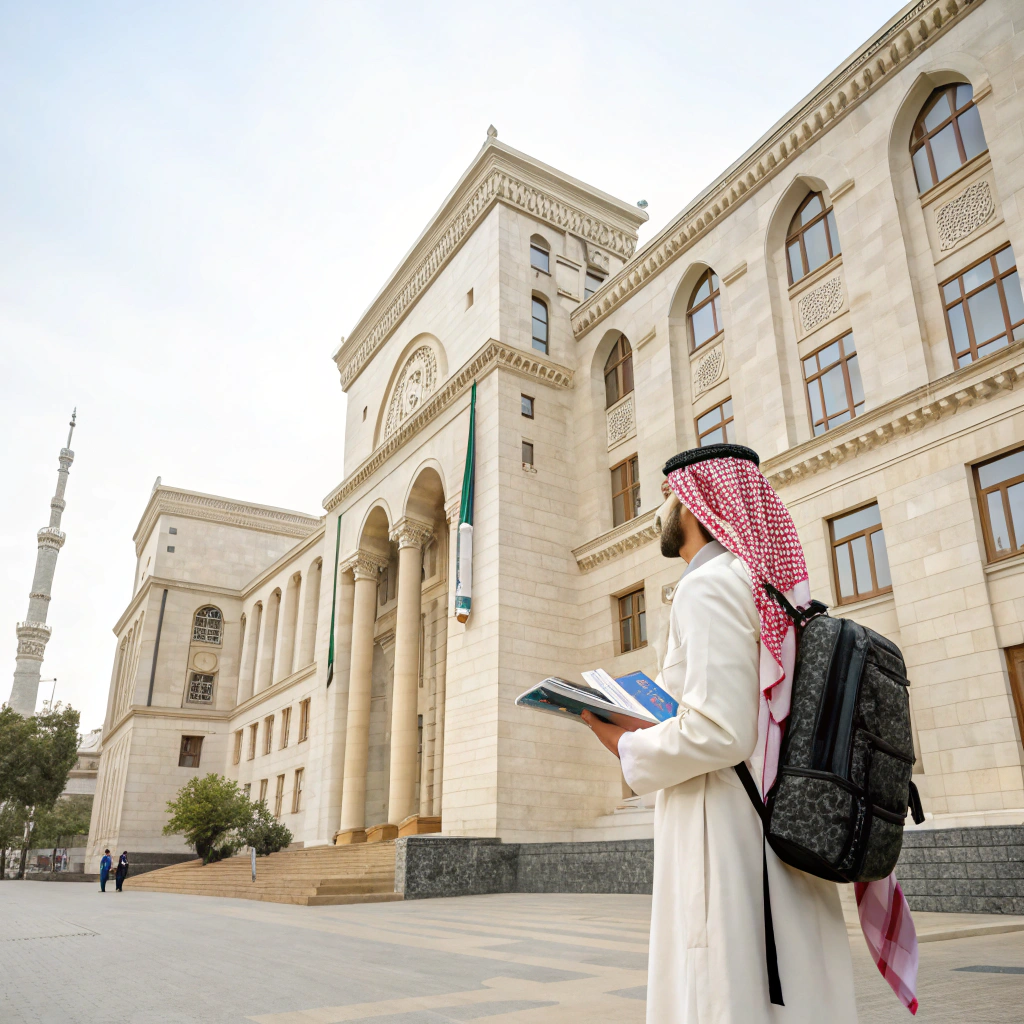 طالب سعودي أمام جامعة أذربيجانية - الدراسة في اذربيجان للسعوديين